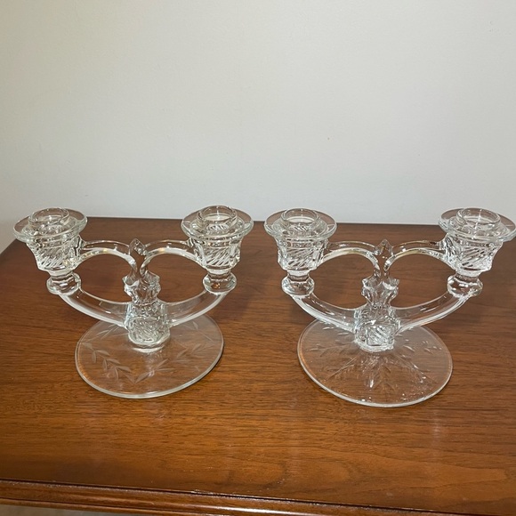 Indiana Glass Etched Double Light Candleholders - Picture 1 of 6